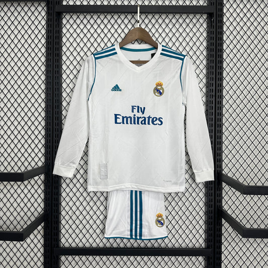 Kit Infantil Real madrid Titular Manga longa  17/18 - Versão Retrô